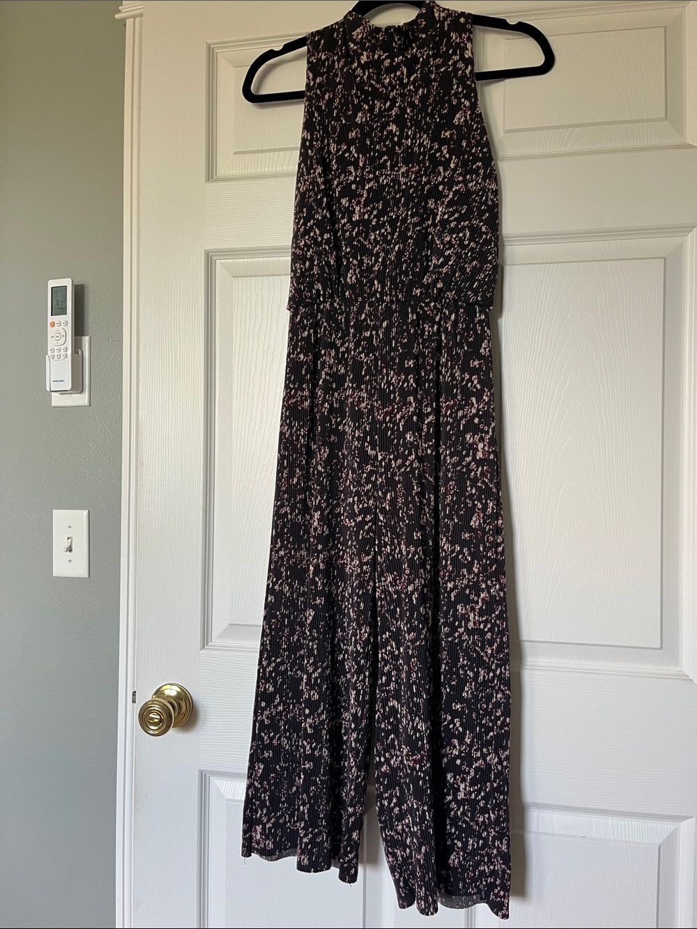 Women's Dark Plum Wide Leg Jumpsuit with Pink Floral Print